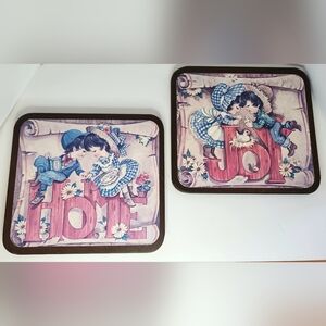 2 Vintage HOMCO Wooden Wall Plaques JOY & HOME 1970s Boy Girl Holding Hands